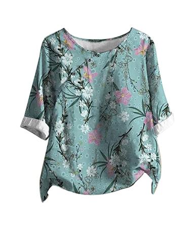Cotton Linen Tops for Women Plus Size Short Sleeve Dandelion Graphic Print T-Shirts Shirts Crewneck Blouse Tunics 04-blue Medium