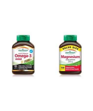 Jamieson No Fishy Aftertaste Extra Strength Omega-3 Mini 200 Count & Magnesium 250 mg Ultra Strength - Value Size Omega-3 Mini + Magnesium 250 mg