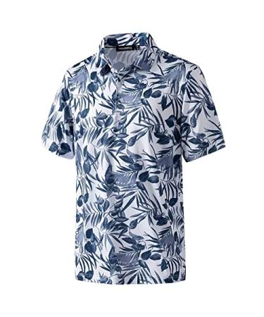 Golf Shirts for Men Dry Fit Performance Print Short Sleeve Moisture Wicking Golf Polo Shirts Navy Leaf Large