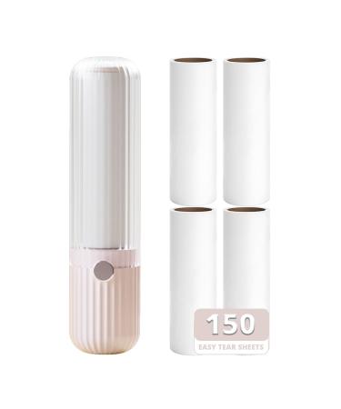 Compact Lint Roller with 150 Sheets - Portable Pet Hair Remover for Clothes Furniture and Travel Household Use 1 Handle+5 Roller Refills (Pink)