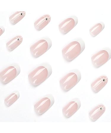Justotry 24 Pcs Beige Almond Short False Nails French Press on Nails - White Striped Pattern Fake Nails with Nail Glue for Women - Buy Online on SooperMarket.com