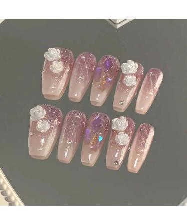 RikView Coffin Press on Nails Long Acrylic Nails with 3D Flowers Pink Fake Nails Glossy Nails for Women 24 PCS/Set