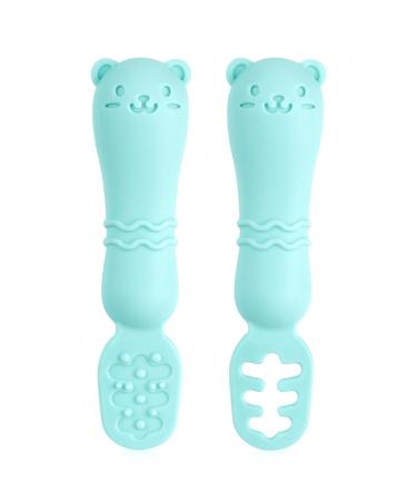 Vicloon Baby Fork and Spoon Set 2Pcs Silicone Spoon Baby Weaning Spoon Set Self Feeding Utensil Easy Grip Toddler Cutlery Kit Soft Baby Spoon for Infant Toddler (Blue) Light Blue