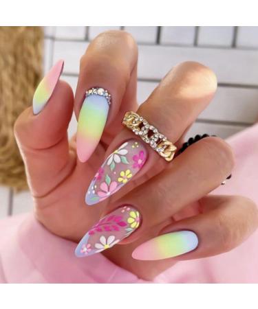 Aflytep Diamond French Wearable Nails Wearable Press on Nails Full Cover Nail Tips Rainbow Small Flower Sticker False Nail Tips - Buy Online on SooperMarket.com
