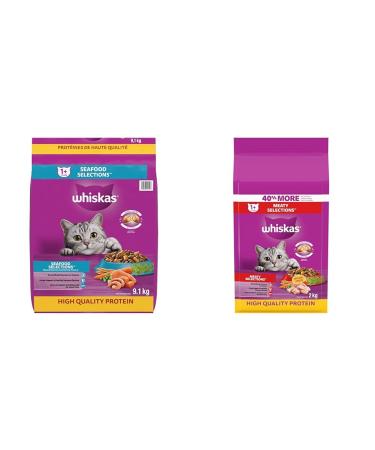 WHISKAS Seafood Selections Adult Dry Cat Food with Real Salmon 9.1kg Bag & Meaty Selections Adult Dry Cat Food with Real Chicken 2kg bag