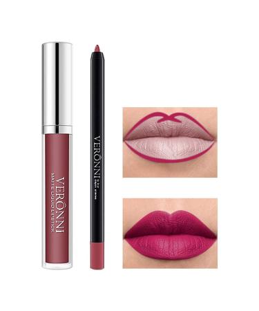 VERONNI Mother's Day Makeup Matte Lipstick and Lip Liner Set Red Lip Liner Lip Contour Kit  Waterproof Lip Pencil Long Lasting Lip Gloss Nonstick Cup Lip Stick Set (01)