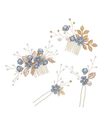 4 Pieces Gold Wedding Hair Comb Pearl Bridal Hair Accessories Rhinestone Bridal Jewelry Comb Hair Clip for the Bride Bridesmaid - Blue
