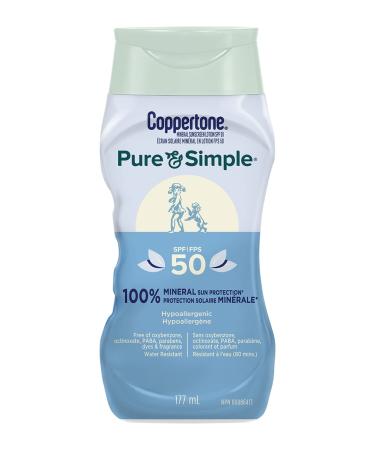 Coppertone Mineral Sunscreen lotion pure and Simple Spf 50 100 percent Zinc oxide mineral Face and Body Sunscreen Hypoallergenic Face and Body Lotion for Sun Protection 177 ml. SPF 50 - Body Lotion