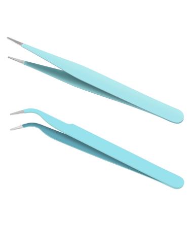 Ainiv 2Pcs Straight Curved Tweezers Lash Tweezers Stainless Steel Pointed Tweezers Kit Sticker Tweezers Craft Tweezers for Eyelash Extensions DIY Crafts Nail Art Jewelry Making (Blue) #4 2PCS Blue