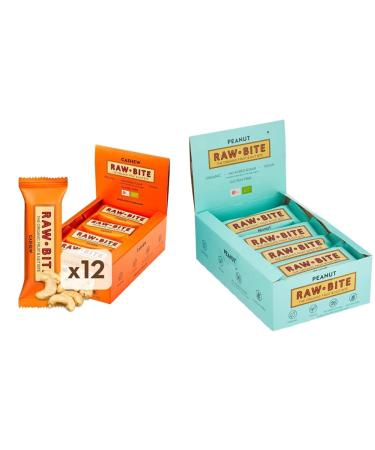 Rawbite Riegel Cashew I 12 Soft Bio nut bar Invest box I dates and nuts i vegan I with 12g protein I 12 x 50g & raw bite raw food bar Peanut 12 x 50 g) bundle with raw food peanut cashew 50 g(12 pack)