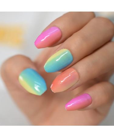 Buy Shiny Colorful Press On Nails | Ombr Rainbow Fake Nails Set - 24pcs Medium Size - Buy Online on SooperMarket.com