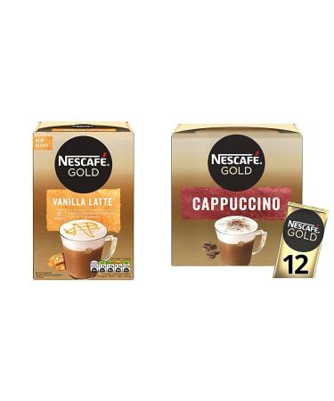 Nescafe Gold Vanilla Latte Instant Coffee Sachets (Pack of 6 Total 48 Sachets) & Gold Cappuccino Sachets 12 Cups (Pack of 1)