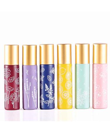 6 Pcs 10ml 1/3 Oz Glass Roll On Bottles,Empty Glass Roller Bottles With Stainless Steel Roller Balls,Golden Aluminum Lid-6 Printed Flower Style Travel Vial Container