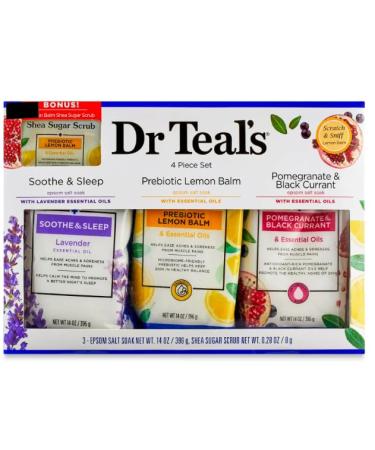 Gift Set Pure Epsom Salt Soak Trio: Lavender Prebiotic Lemon Balm and Pomegranate & Black Currant with Bonus Sugar Scrub 4 Pieces with taha Sticker