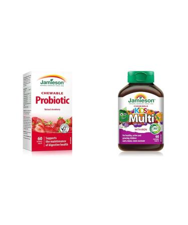 Jamieson Chewable Probiotic 2 Billion Active Cells - Natural Strawberry Flavour & 100% Complete Kids Chewable Multi 60 Tablets Chewable Tablets+ Kids