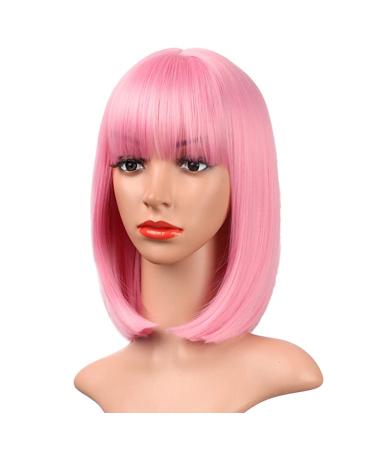 AISI BEAUTY 12 Inch Pink Bob Wig with Bangs - Short Straight Synthetic Cosplay Party Wig for Women - Buy Online on SooperMarket.com