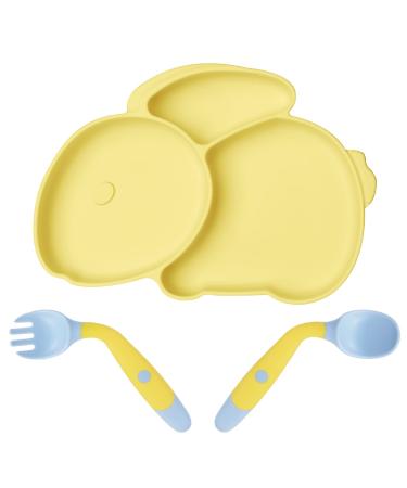 Vicloon Baby Suction Plate Silicone Baby Suction Plates for Toddler Kids Self Feeding Non Slip Baby Weaning Plate with Spoon and Fork Baby Toddler Plate for Kids High Chairs and Tables (Yellow)