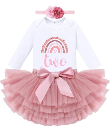 FYMNSI Boho Rainbow 2 Years First Birthday Outfit Baby Girl Cake Smash Photo Romper Tutu Set - Dusty Pink - Buy Online on SooperMarket.com