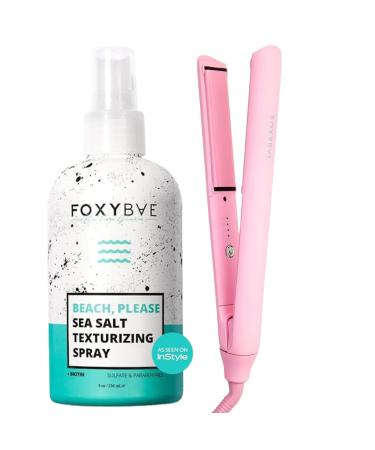 FoxyBae Sea Salt Spray & Flat Iron Bundle - Biotin-Infused Texturizing Spray & 1" Sleek & Slay Ceramic Hair Straightener for Voluminous Frizz-Free Shiny Hair Party Pink