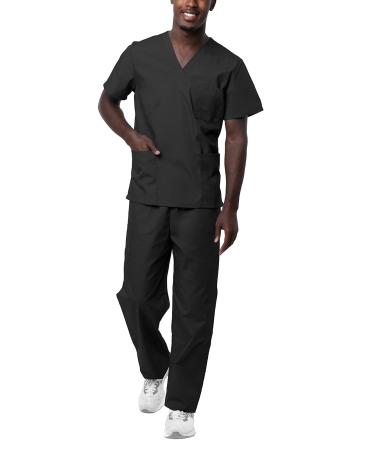 Sivvan Unisex Scrubs - Classic V-Neck Top & Drawstring Pants Scrub Set Medium Black