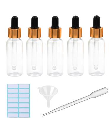 5Pcs Transparent Dropper Bottle 50ML Plastic Eye Dropper Bottles for Essential Oil Pipette Refillable - with Measured Pipette Funnel and Labels (Black + Gold Cap) 50ml Black + Gold Cap
