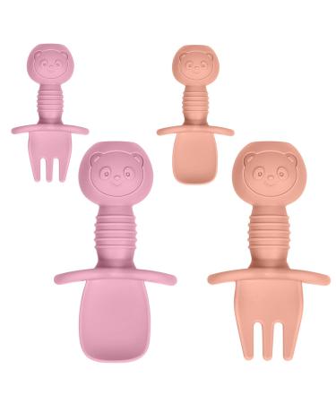 Vicloon Baby Fork and Spoon Set 4Pcs Silicone Self Feeding Utensil Easy Grip Toddler Cutlery Kit Infant Toddler Children First Led Training Weaning Baby Weaning and Feeding Spoons (Red/Orange) Red-orange