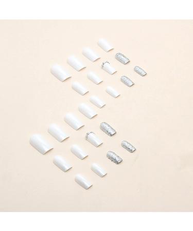 Square Press On Nails Short White Fake Nails | Glue On Acrylic False Nails with Matte Finish & Sequin Designs | 24Pcs Set for Women & Girls - Buy Online on SooperMarket.com