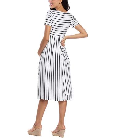 Love2Mi Women's Short-Sleeve Maternity Dress XL - Casual A-Line Midi Pregnant Dress in White Black Stripe - Buy Online on SooperMarket.com