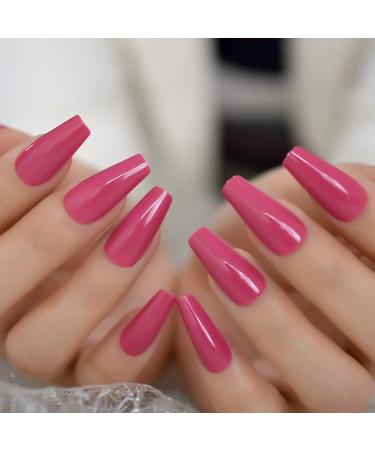 Dark Rose Pink Coffin False Nail Tips - 24pcs Glossy Acrylic Press On UV Fake Nails | Salon-Quality Full Cover with Glue Sticker | L5578 - Buy Online on SooperMarket.com