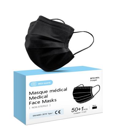 MEDI SANT 50 pieces + 1 medical surgical black disposable mask in black protective mask type I EN14683-2019 BFE 95% 3-ply