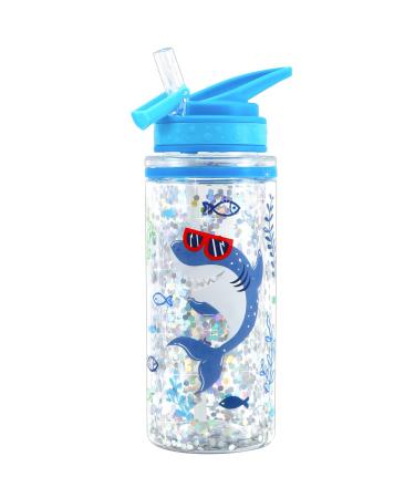 Home Tune Cute Water Bottle for School Kids Girls Boys  BPA FREE Tritan  Double Wall  Leak Proof Flip Straw  Easy Clean  Carry Handle  15oz/ 450ml - Shark
