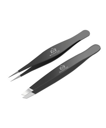 Majestic Bombay Fine Point + Slant Tweezers for Women and Men  Splinter Ticks, Facial, Brow and Ingrown Hair RemovalSharp, Needle Nose, Surgical Tweezers Precision best tweezers for chin hair Black
