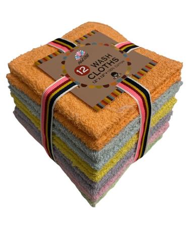 Petal Cliff 12 Pack 100% Cotton wash Cloth Extra Soft Highly Absorbent Machine Washable Size 12 X 12 Assorted Colors - Color May Very.
