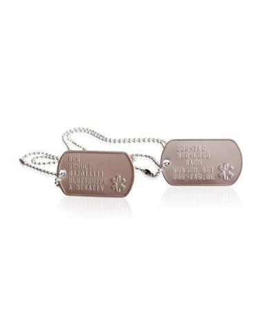 2 pieces of personalized identification brands |Dog day chain with embossing |Including 2 chains & 2 silencers in the set |Various texts and motifs possible |Rambo |Military equipment (med logo)