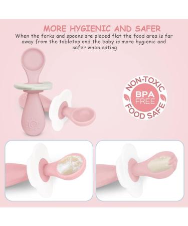 Vicloon Baby Fork and Spoon Set - 2 Pcs Infant Silicone Training Utensils for Baby Led Weaning - Self Feeding Learning Spoons - Pink - Buy Online on SooperMarket.com
