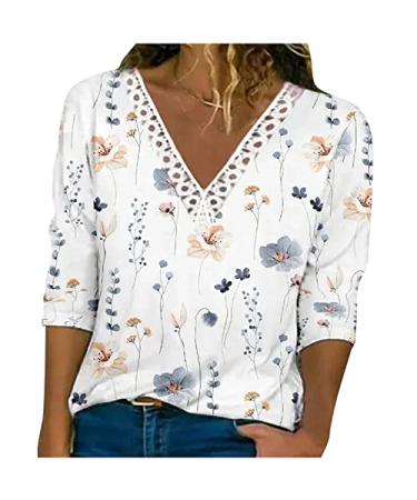 ABABC Summer 3/4 Sleeve Tops for Women,Trendy Casual Floral Print Crochet Lace Trim V Neck T Shirts Fashion Tunics Loose Tees Small D02-white