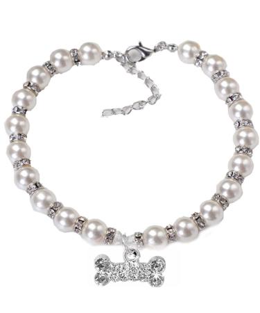 RayMinsino Pet Pearl Necklace Adjustable Diamond-Studded Dog Bone Pendant Dog Jewelry Collar L White