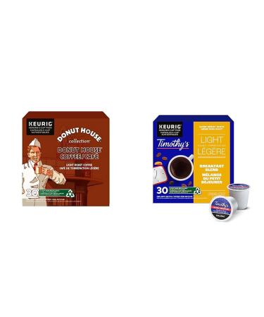 Donut House Collection Light Roast K-Cup Coffee Pods 30 Count For Keurig Coffee Makers & Timothy s Breakfast Blend Single Serve K-Cup Pods for Brewers 30 Count Coffee+ Breakfast Blend Unflavored 30 Count