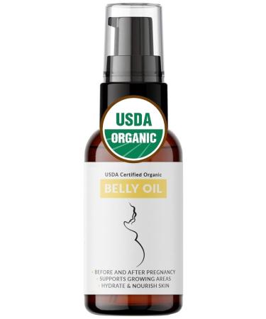 Organic Belly Oil - Certified USDA Organic Nutrient Rich Body Oil For Growing Areas Scars & Stretchmarks - Maternity Pregnancy Post Partum & On - 1 Fl Oz Glass & Dropper (2.02 Fl Oz Unscented)