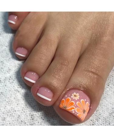 diduikalor Press on Toenails Pink Square Fake Toenails with Flowers Design French Fake Nails Acrylic Toe Nails for Women Glossy Toe Nail Tips Glue on ToeNails 24pcs JP2471