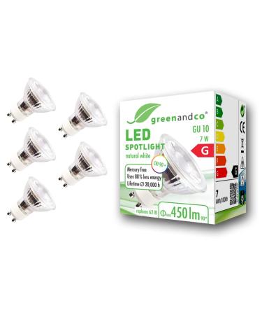 Greenandco 5x CRI 90+ GU10 LED Spot 7W 450 LM 36 4000K neutral white 230V flicker -free not dimmable 2 year guarantee 7W 4000K 36 5 pieces (1 Pack)