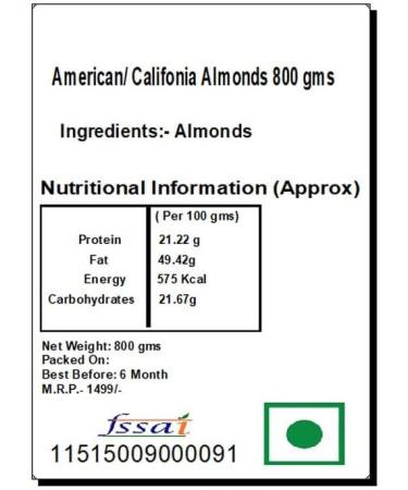 Jaiccha Ghasitaram Bhaidooj Gifts - American/ Califonia Almonds 800 GMS in Brown Paper Pouch - Buy Online on SooperMarket.com