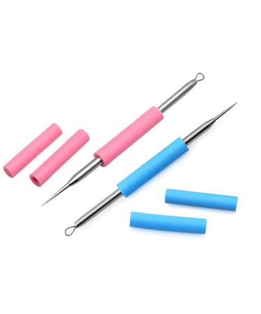 2pcs Stainless Steel Acne Removal Needle with Pink and Blue Silicon Tube Loop Blackhead Extractor Comedone Extractor Blackhead and Whitehead Remover Tools 2 in 1