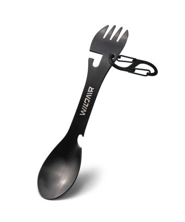 WILDAIR Stainless Steel Spork Camping Utensil with Knife Spoon Fork Bottle Can Opener 5 in1 Functional Multi Flatware Black