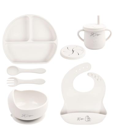 Baby Led Weaning Supplies - KIRPI Baby Feeding Set - Silicone Suction Bowls  Divided Plates  Sippy and Snack Cup-Toddler Self Feeding Eating Utensils Set with Bibs  Spoons  Fork-6 Months (Grey White)