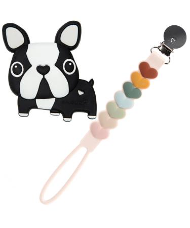 Loulou Lollipop Silicone Teether and Holder Clip Bundle Set - Boston Terrier/Sweetheart Multi
