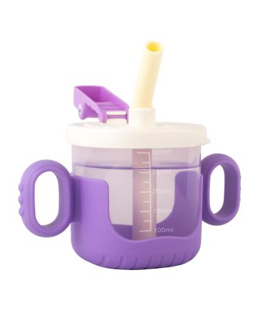 nohlerlife Baby Training Cup with Lid and Straw Free-Flow Cup Transition Sippy Cup and Open Cup with Handles Spill-Proof Leak-Proof Soft Silicone Spout Cup 300ml (Purple)