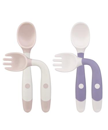 Vicloon Baby Fork and Spoon Set 4pcs Baby Cutlery Feeding Set Toddler Utensils Spoons Forks Silicone Self Feeding Utensil Easy Grip Toddler Cutlery Kit for Infant weaning and Learning to Use Cutlery Pink-purple