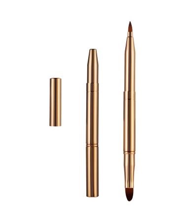 WLLHYF Lip Makeup Brushes Professional Double Sided Retractable Lip Brush Applicators Portable Travel Foundation Lip Exfoliating Lipstick with Cap for Women and Girls (Gold)