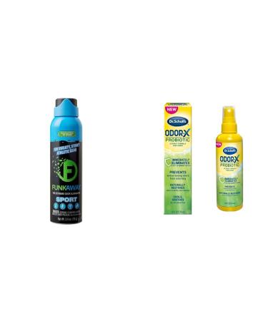 FunkAway Sport Aerosol Spray, 3.4 oz | The Extreme Odor Eliminator | Refresh Shoes and Sports Gear | Black (FASA3.4) & Dr. Scholl's Probiotic Foot Spray 4oz Immediately Eliminates and Prevents Odors